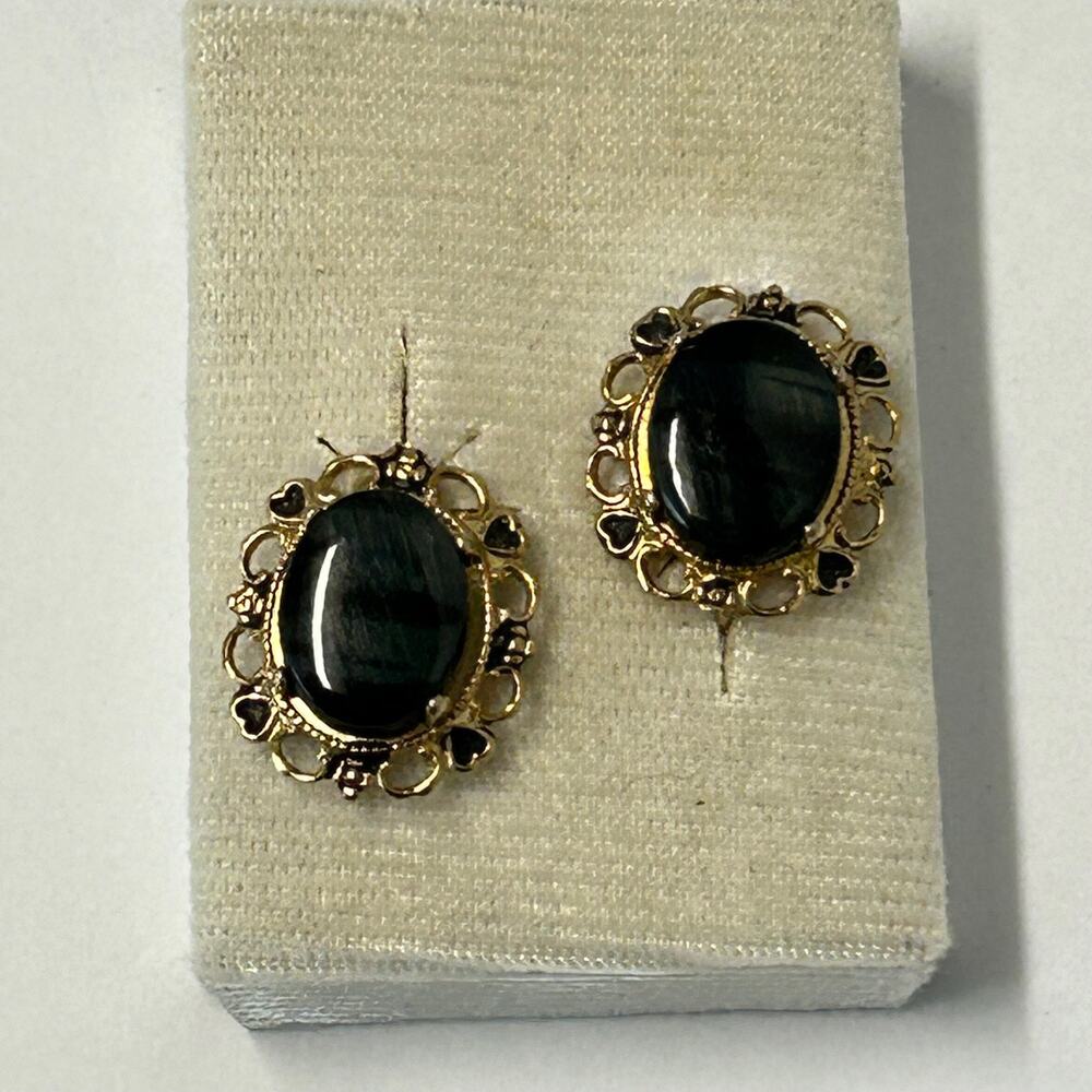 Vintage Blue Tiger Eye‎ Screw Back Earrings NIB